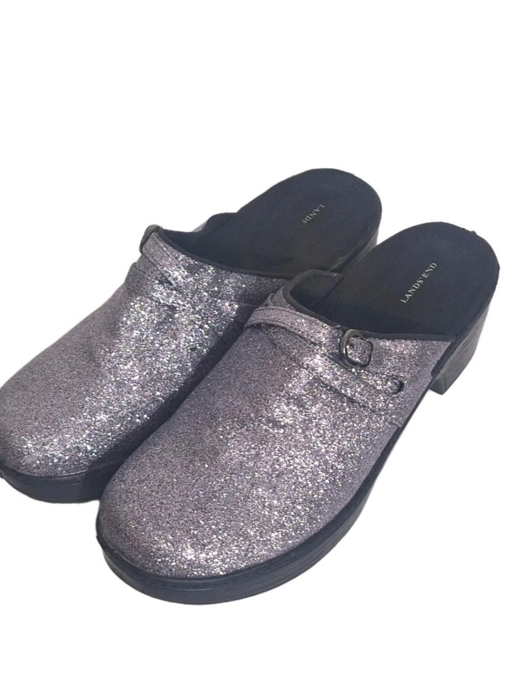 Lands End Carla Silver Glitter Clogs Slip On Mules Womens Size 9 B EUC